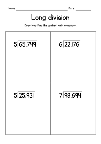 Long Division - Dividing 5-Digit by 1-Digit Numbers (with remainders)
