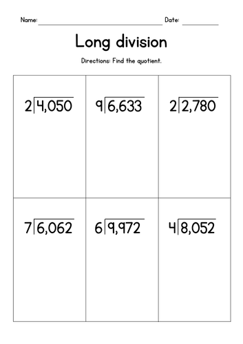 Long Division - Dividing 4-Digit by 1-Digit Numbers (no remainders)