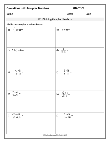 Operations With Complex Numbers Practice With Homework Teaching Resources