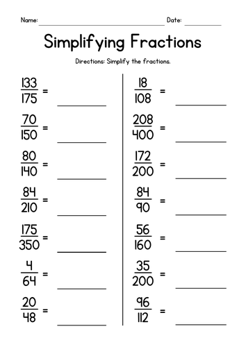 Simplifying Proper Fractions Worksheets