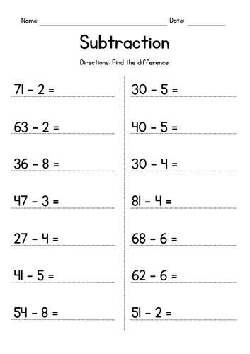 Subtracting 1-Digit from 2-Digit Numbers (with regrouping)