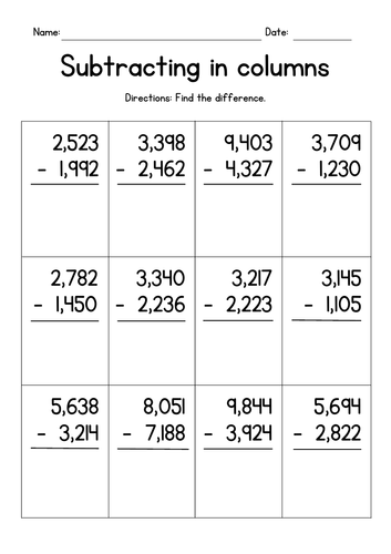 Subtracting 4-Digit Numbers in Columns (with regrouping)