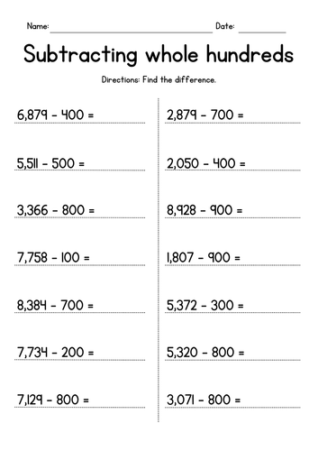 Subtracting Whole Hundreds from 4-Digit Numbers