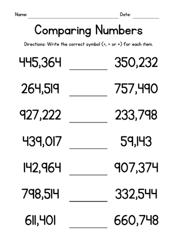 Comparing Large Numbers Worksheets