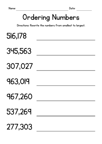 Ordering Large Numbers Worksheets