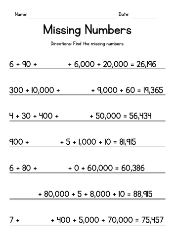 Place Value - Missing Numbers - Building 5-Digit Numbers