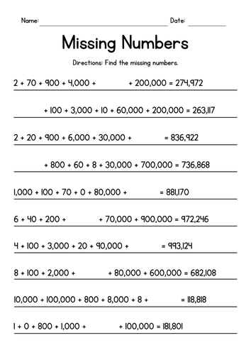 Place Value - Missing Numbers - Building 6-Digit Numbers