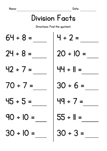 Division Facts - Dividing by Numbers 1-12