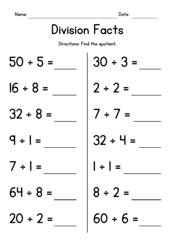 Division Facts - Dividing by Numbers 1-10