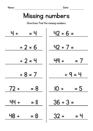 Division Facts - Missing Numbers