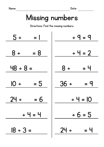 Division Facts - Missing Numbers