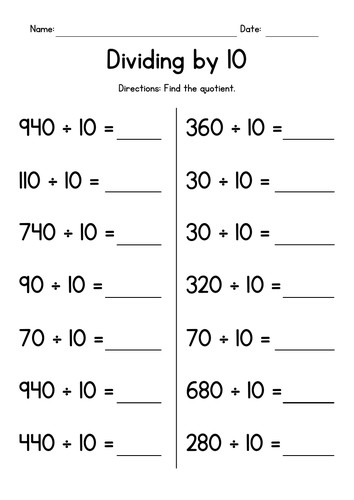 Dividing by 10 - Division Worksheets