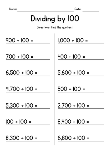 Dividing by 100 - Division Worksheets