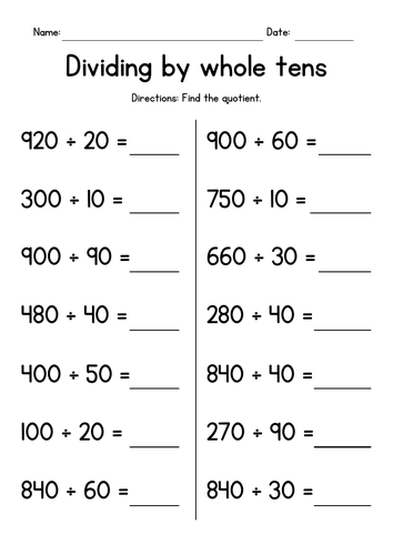 Dividing by Whole Tens - Division Worksheets