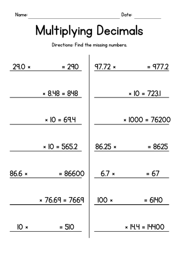 Multiplying Decimals by 10, 100 or 1,000 with Missing Factors