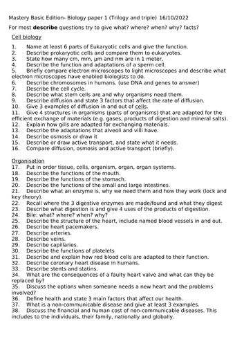 AQA Trilogy Biology 1 mastery questions and answers | Teaching Resources