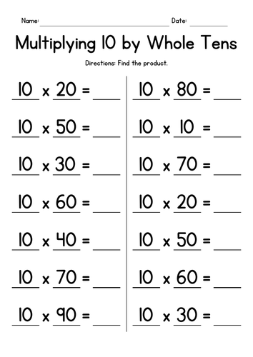 Multiplying 10 by Whole Tens - Multiplication Worksheets
