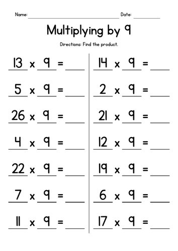 Multiplying by 9 - Multiplication Worksheets