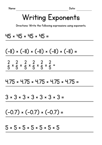 Writing Exponents Worksheets