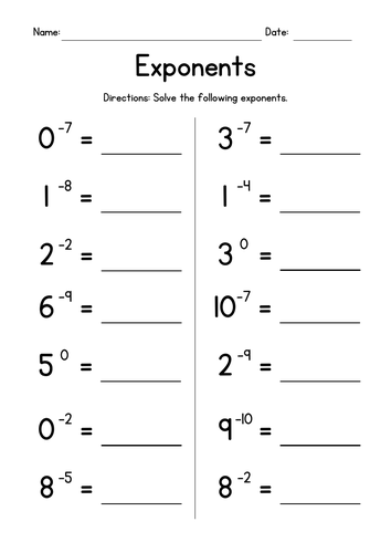 Negative and Zero Exponents Worksheets