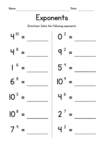 Exponents - Whole Numbers Worksheets