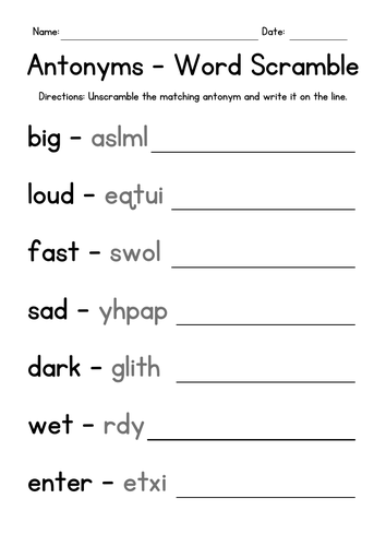 Antonyms Word Scramble Worksheets