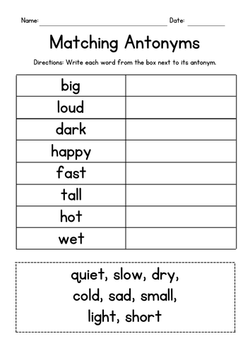 Matching Antonyms Worksheets