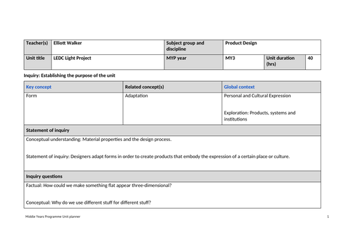 IB MYP LEDC Light Design Unit | Teaching Resources