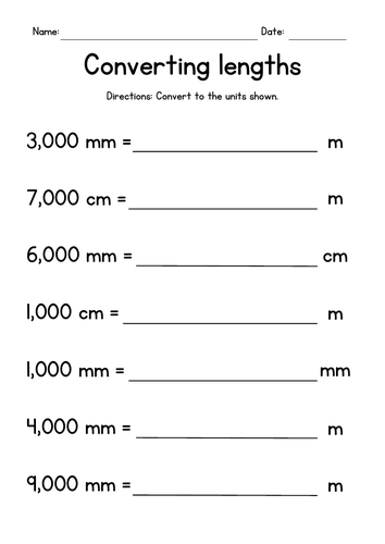 Converting Lengths (m, cm, mm) - Measurement Worksheets