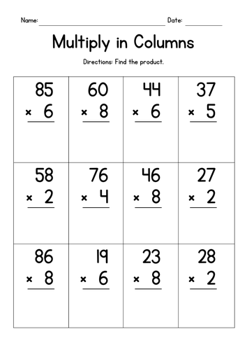 Multiplying in Columns (2-Digit by 1-Digit)