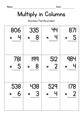 Multiplying in Columns (3-Digit by 1-Digit)