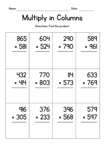 Multiplying in Columns (3-Digit by 3-Digit)