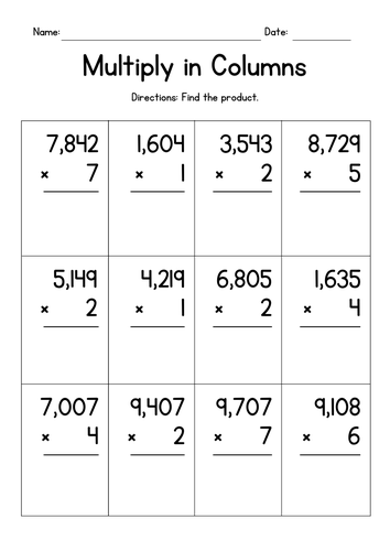 Multiplying in Columns (4-Digit by 1-Digit)