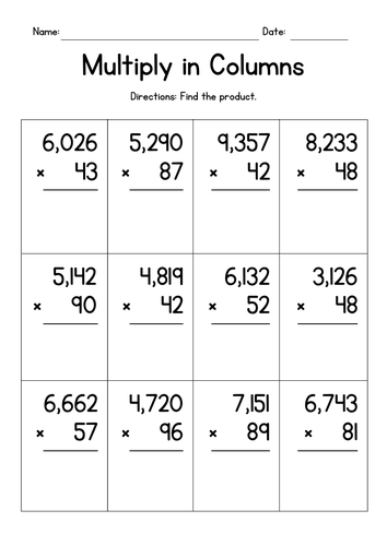 Multiplying in Columns (4-Digit by 2-Digit) | Teaching Resources