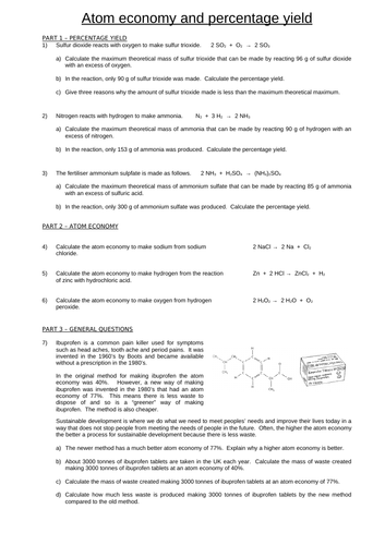 Atom economy and percentage yield A LEVEL