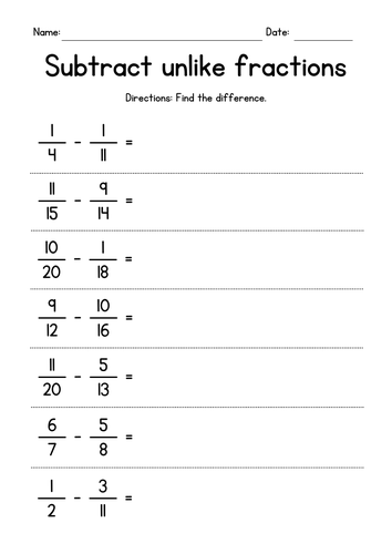 Subtracting Unlike Fractions Worksheets