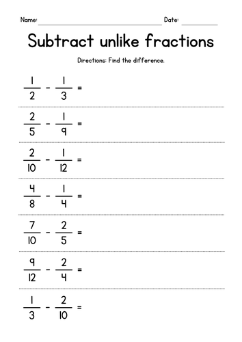 Subtracting Unlike Fractions Worksheets