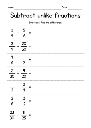 Subtracting Unlike Fractions Worksheets