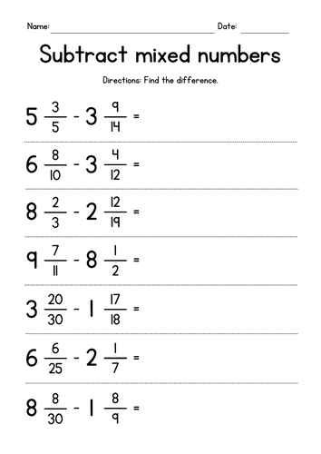 Subtracting Mixed Numbers (unlike denominators)