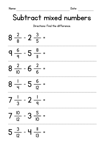 Subtracting Mixed Numbers Worksheets