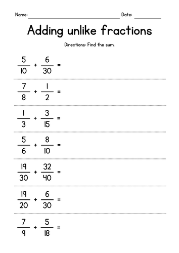 Adding Unlike Fractions Worksheets