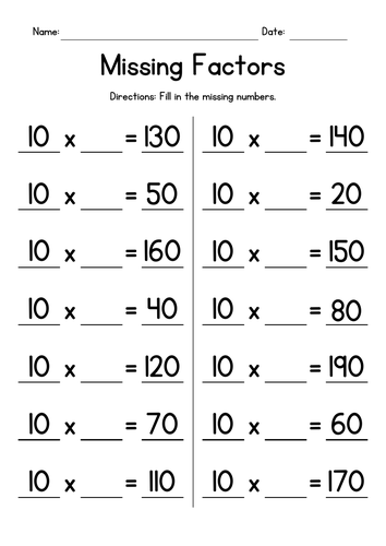 Multiplication Tables of 10 - Missing Factors