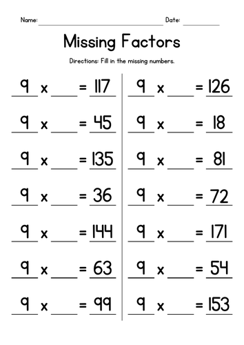Multiplication Tables of 9 - Missing Factors