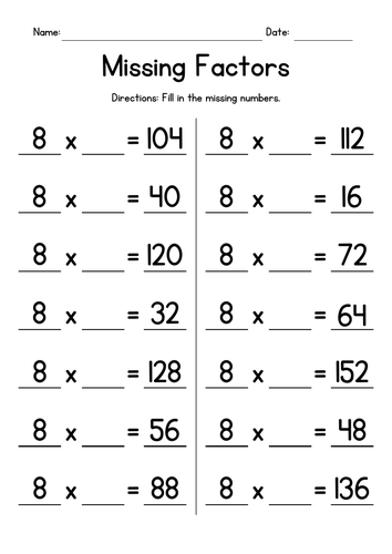 Multiplication Tables of 8 - Missing Factors