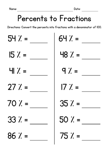 Converting Percents to Fractions Worksheets