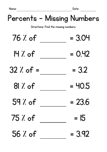 Percents Worksheets - Missing Numbers