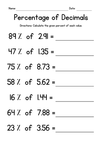 Percentage of Decimals Worksheets