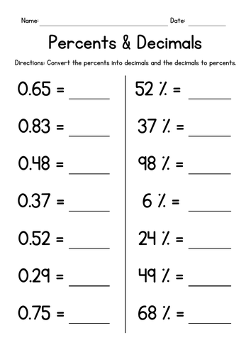 Percents & Decimals Worksheets