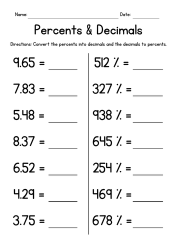 Converting Percents & Decimals Worksheets