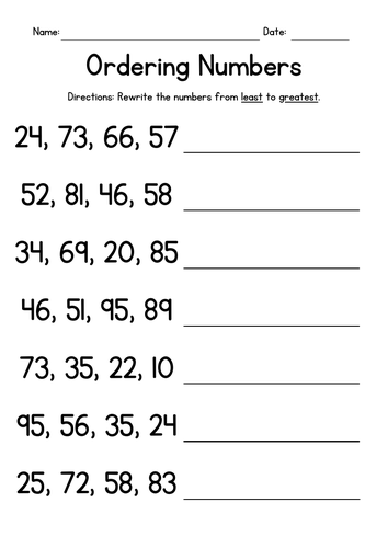 Ordering Numbers 2 Digit Worksheet